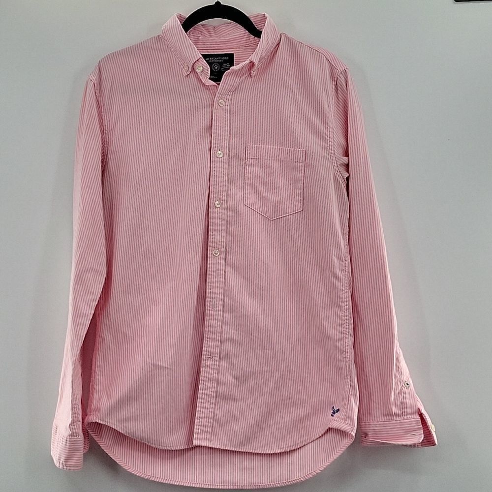3For$20 American Eagle Pink&White stripe button down slim fit size M - Picture 1 of 7
